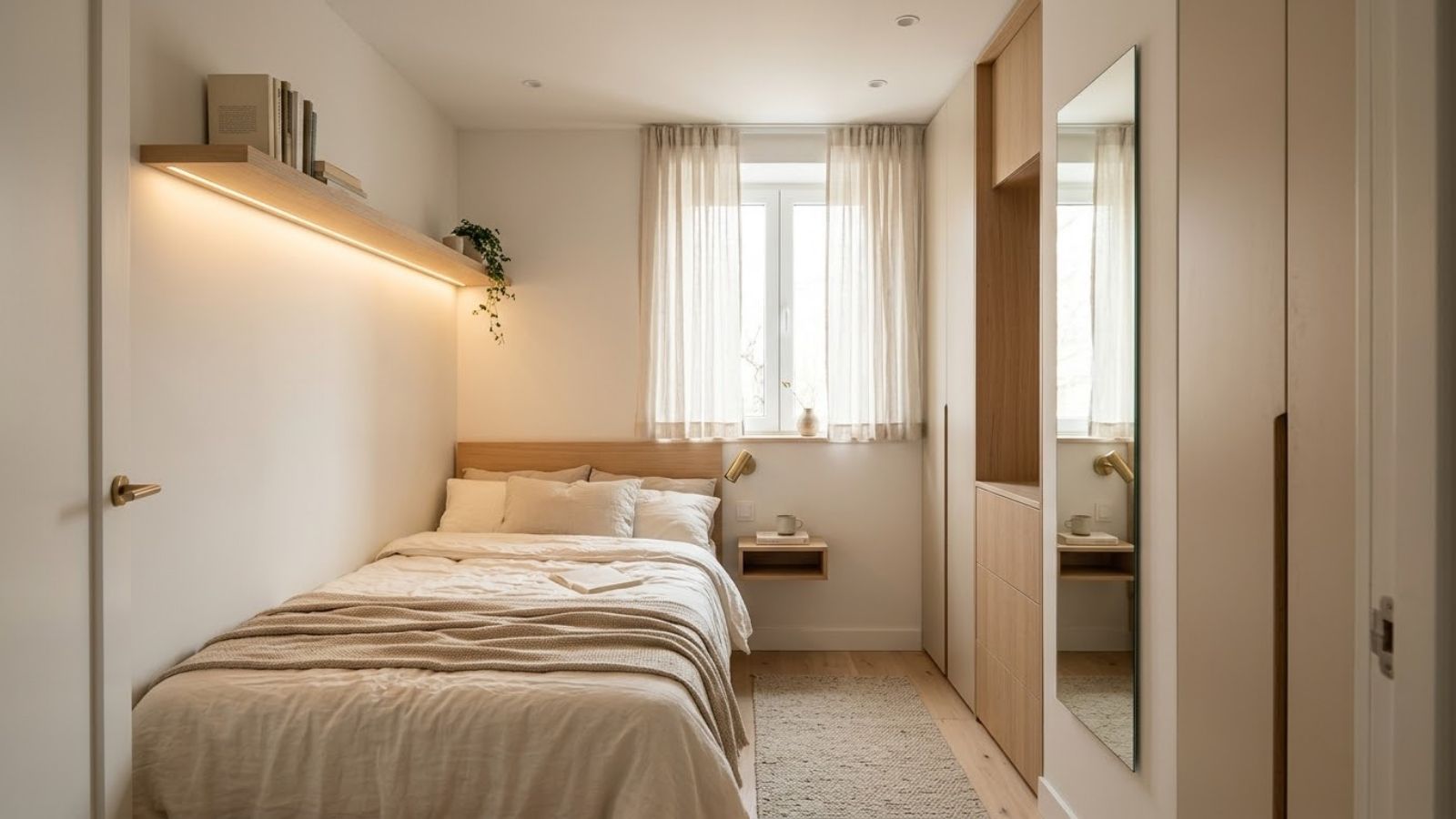 Phòng ngủ nhỏ 4m2 sử dụng gam màu sáng, gương soi và đèn LED gián tiếp