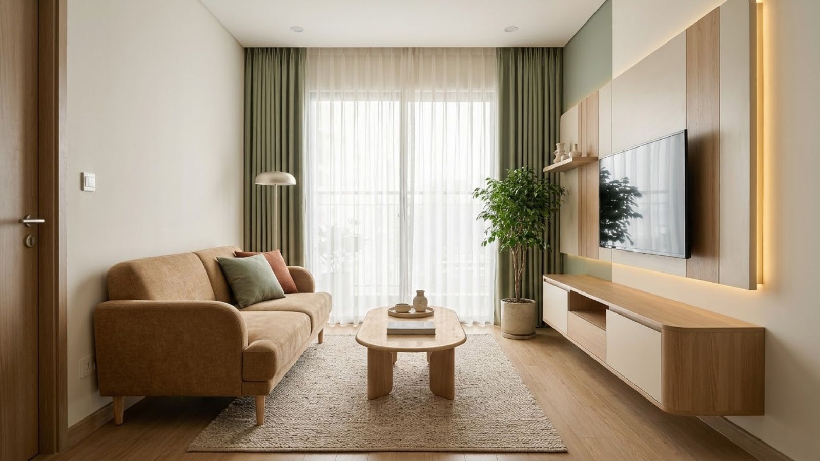 Phòng khách 10m2 hoàn chỉnh với sofa màu caramel, kệ tivi treo tường và điểm nhấn xanh sage.