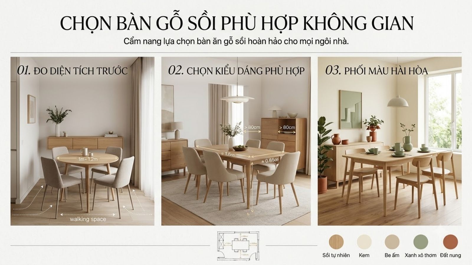 Lựa chọn bàn gỗ sồi tròn hoặc chữ nhật theo diện tích và phong cách phòng ăn