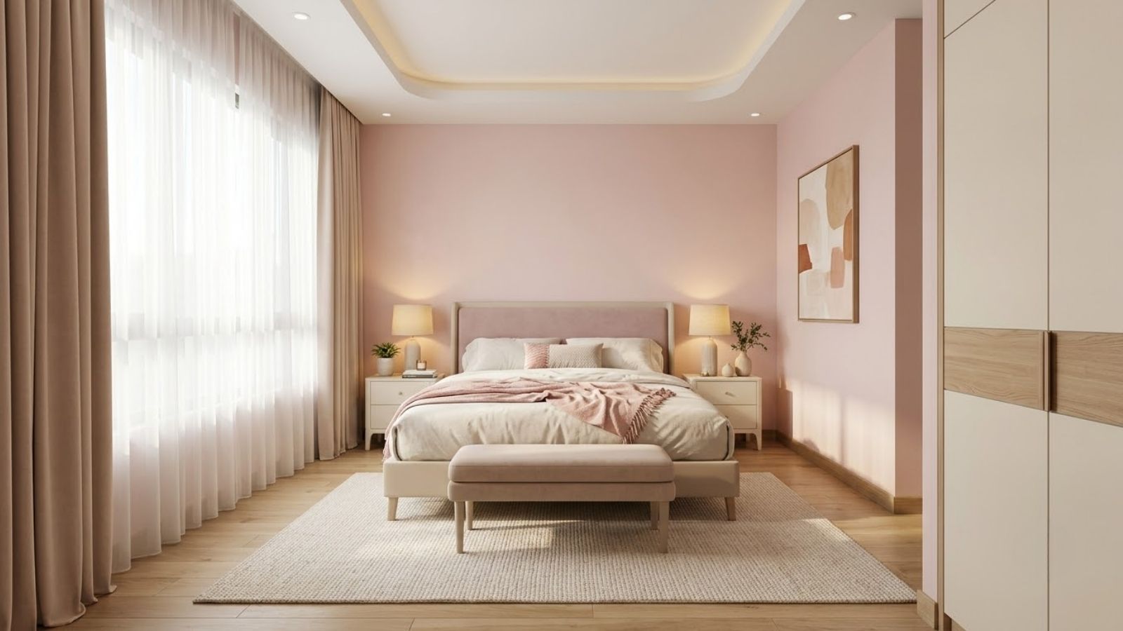 Phòng ngủ hồng pastel đón ánh sáng tự nhiên qua rèm voan kết hợp đèn đầu giường ánh vàng ấm.