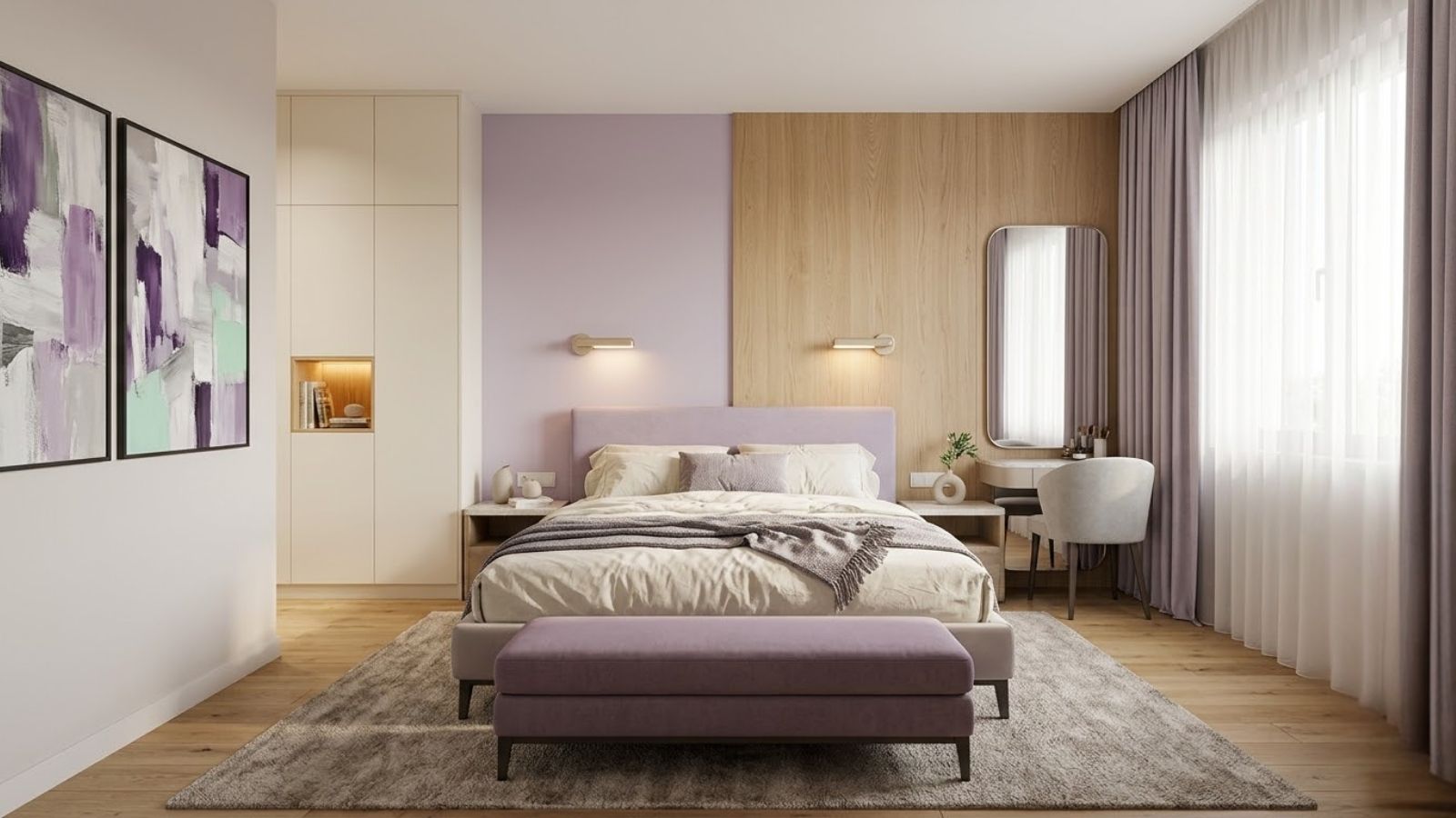 Phòng ngủ tím pastel với tranh trừu tượng, ghế băng mauve và nội thất trắng kem hiện đại.