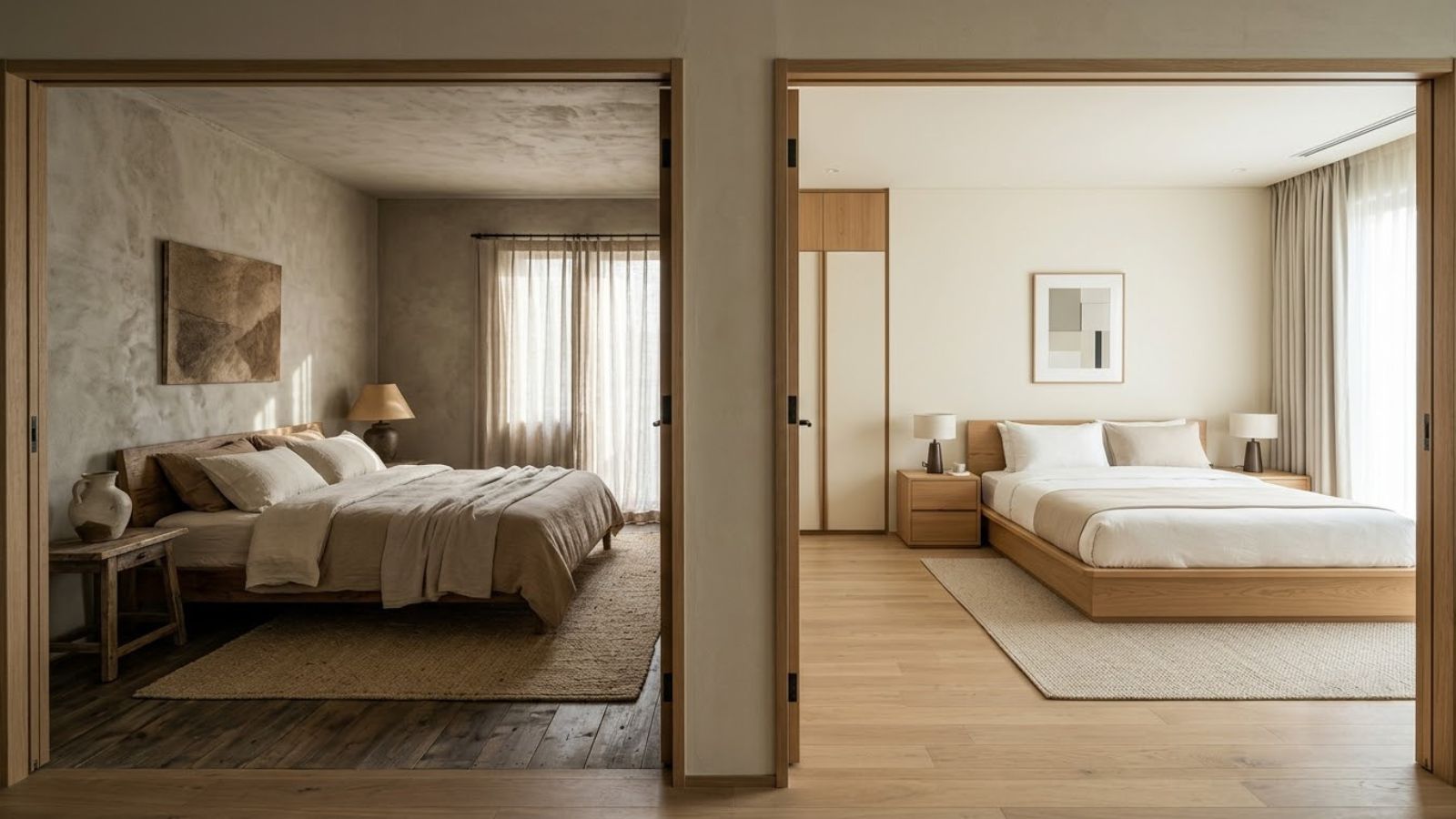So sánh phòng ngủ Wabi Sabi mộc mạc với phòng ngủ Japandi hiện đại, cân đối và tối giản.