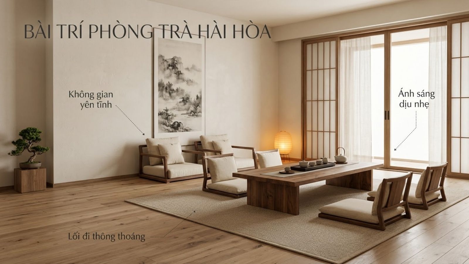 Bố trí bàn ghế phòng trà hài hòa với không gian yên tĩnh, ánh sáng dịu và lối đi thông thoáng