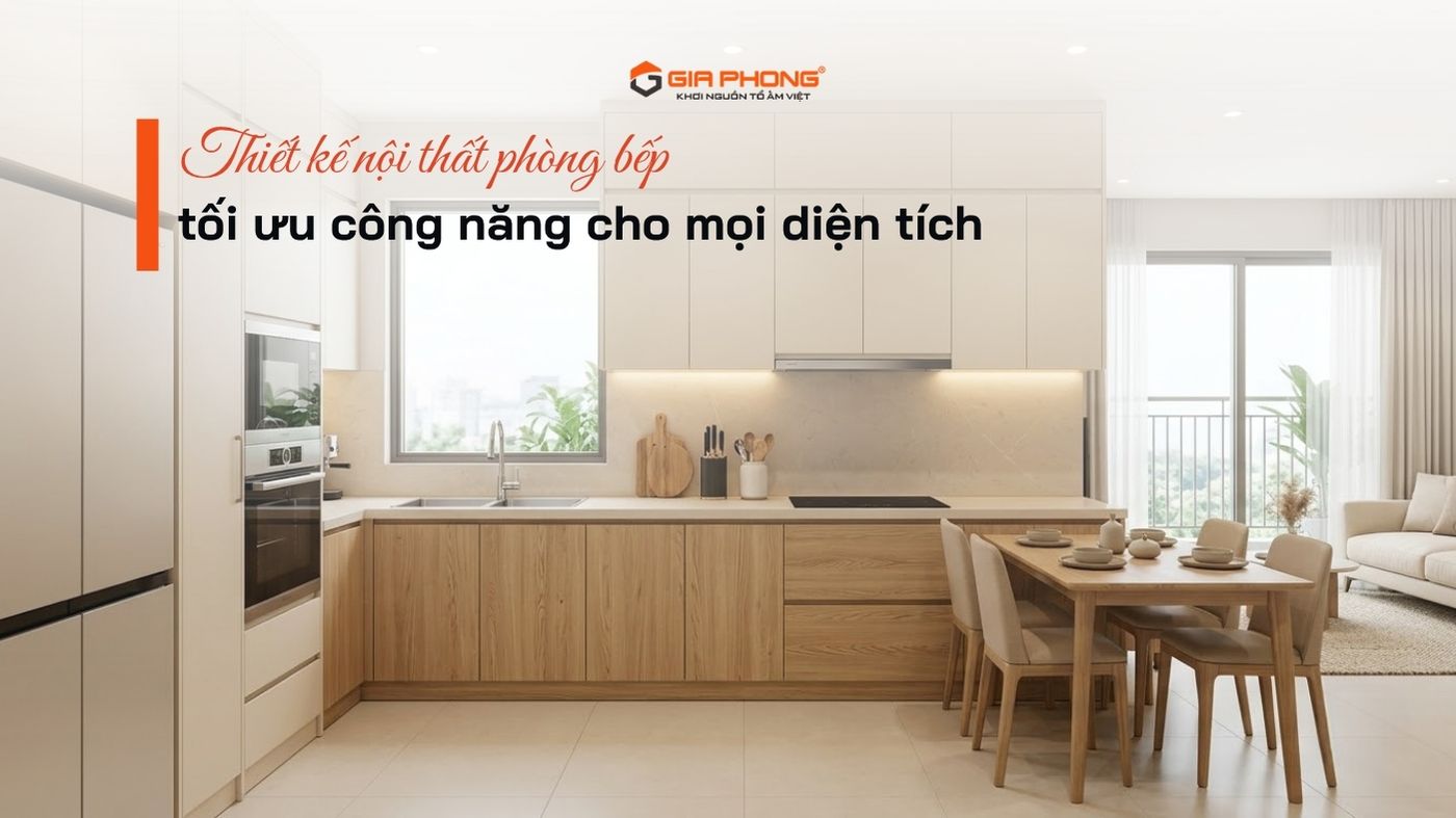 Thiết kế nội thất phòng bếp hiện đại với tủ bếp chữ L, mặt đá sáng màu và hệ thống lưu trữ tiện nghi.