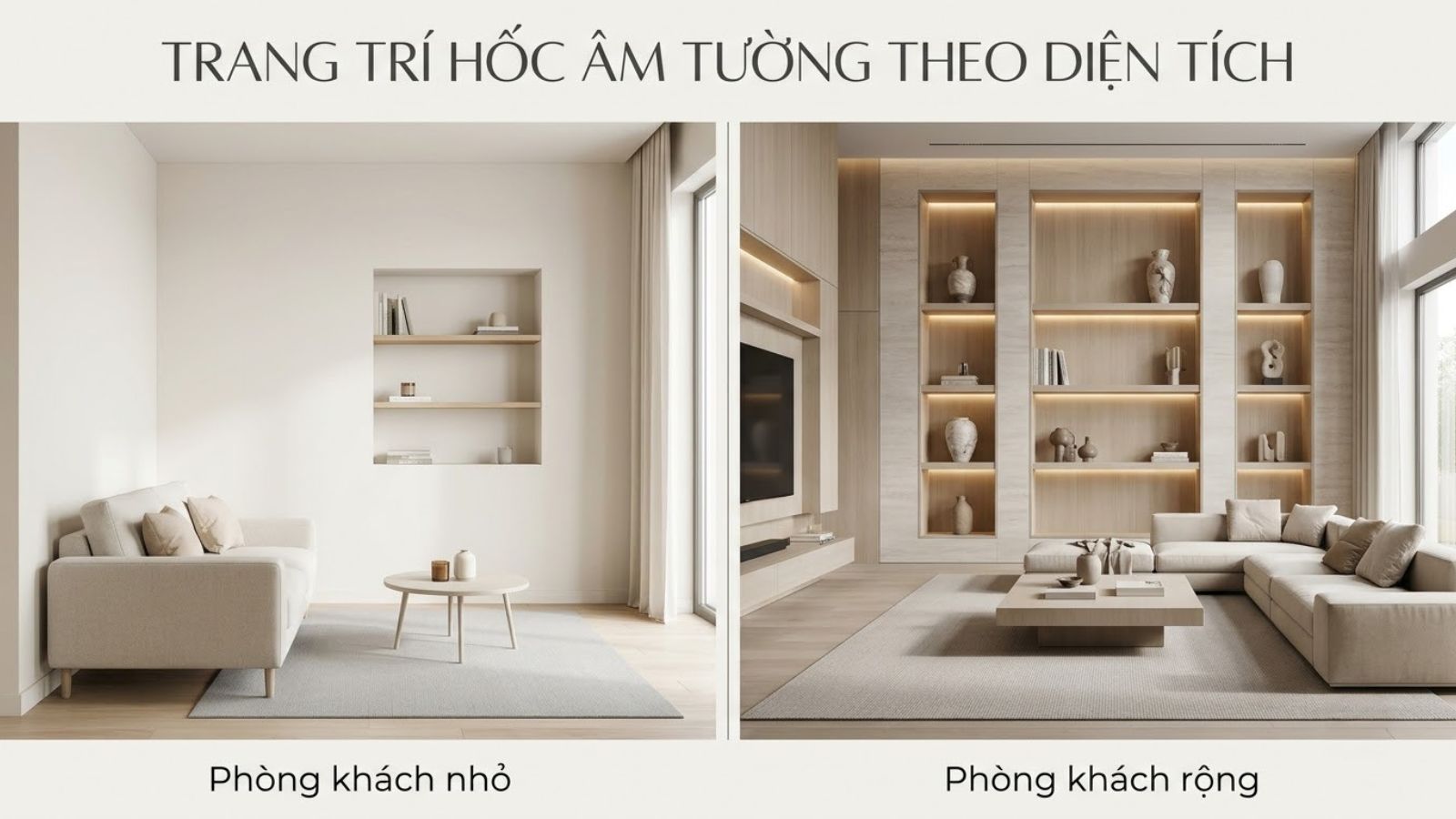 Infographic so sánh cách trang trí hốc âm tường trong phòng khách nhỏ với thiết kế gọn nhẹ và phòng khách rộng với nhiều ô trưng bày kết hợp ánh sáng