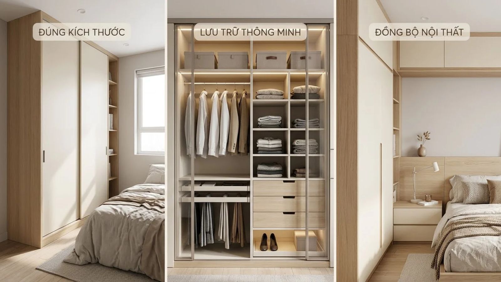Thiết kế tủ quần áo phòng ngủ nhỏ với kích thước cân đối, khoang lưu trữ khoa học và nội thất đồng bộ