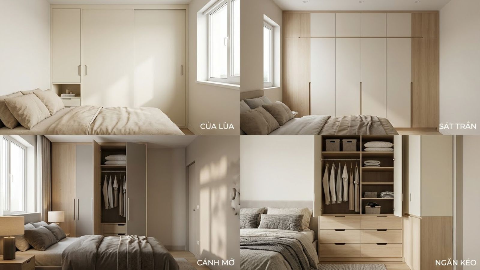Bốn mẫu tủ quần áo hiện đại gồm cửa lùa, tủ sát trần, cánh mở và tủ tích hợp ngăn kéo