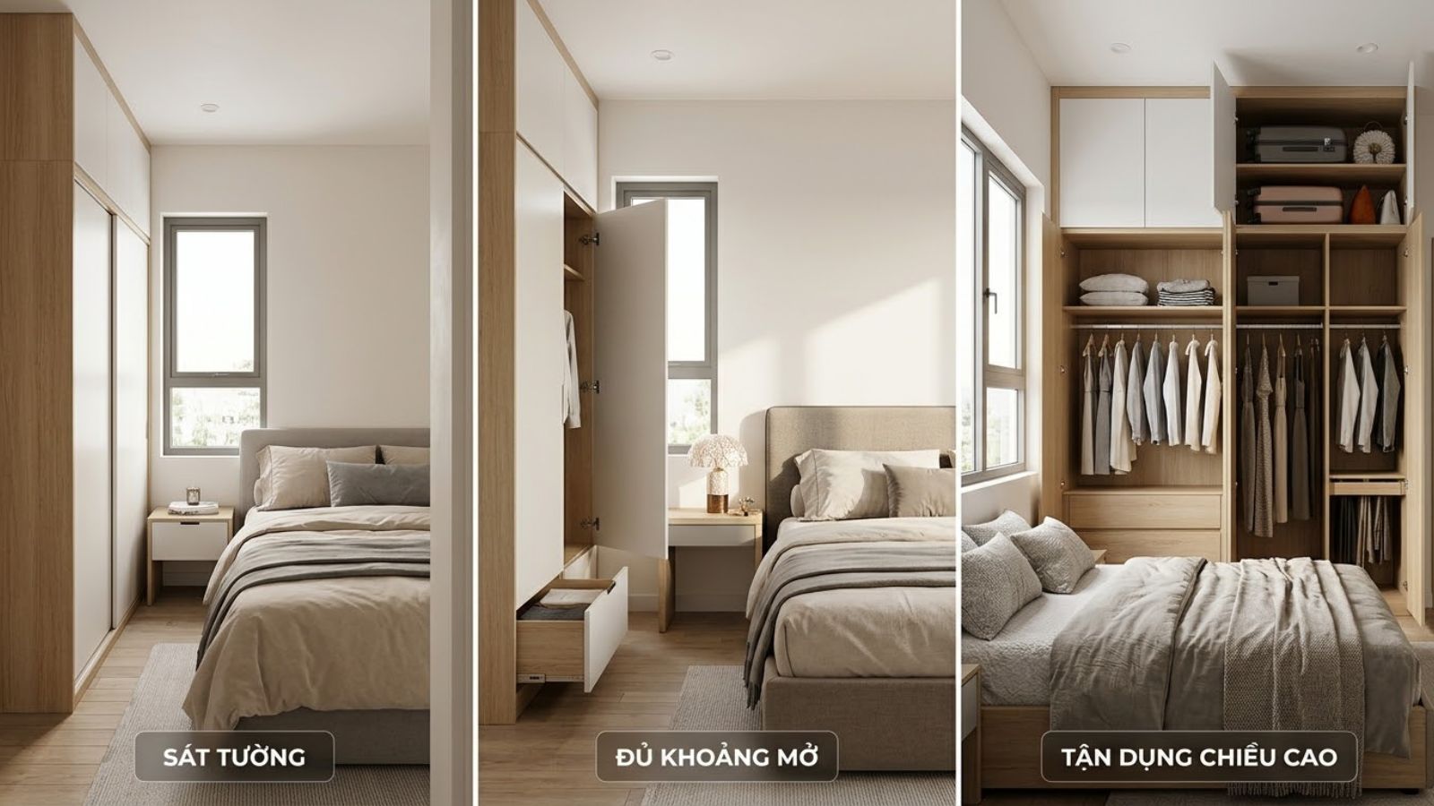 Ba phương án bố trí tủ quần áo giúp tối ưu lối đi, khoảng mở cánh và diện tích lưu trữ theo chiều cao