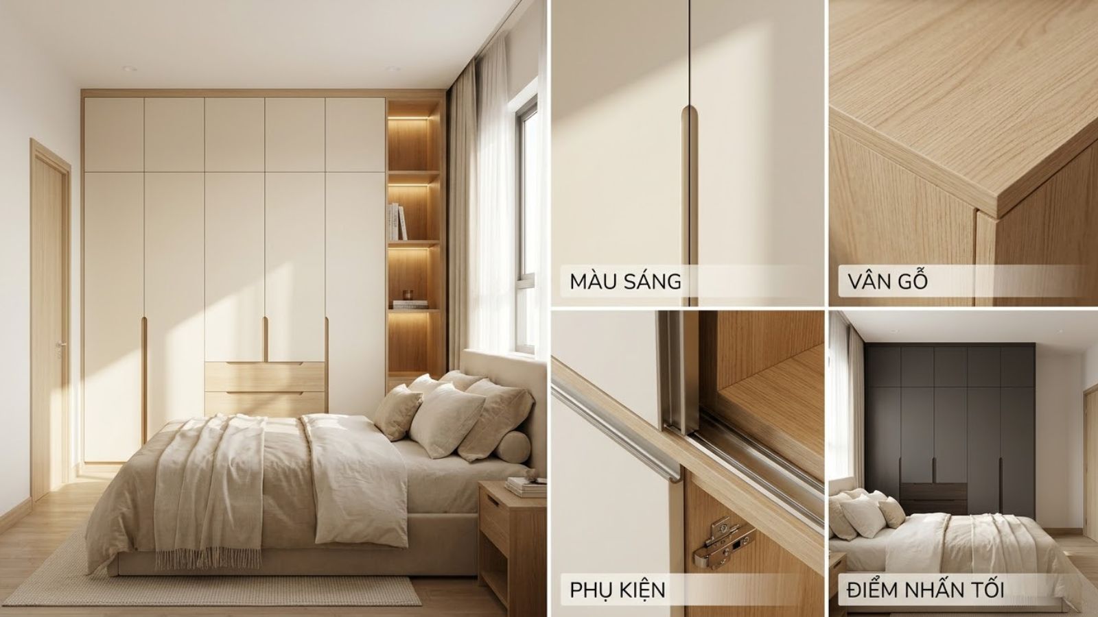 Phòng ngủ nhỏ với tủ quần áo màu sáng, bề mặt vân gỗ và chi tiết phụ kiện hiện đại