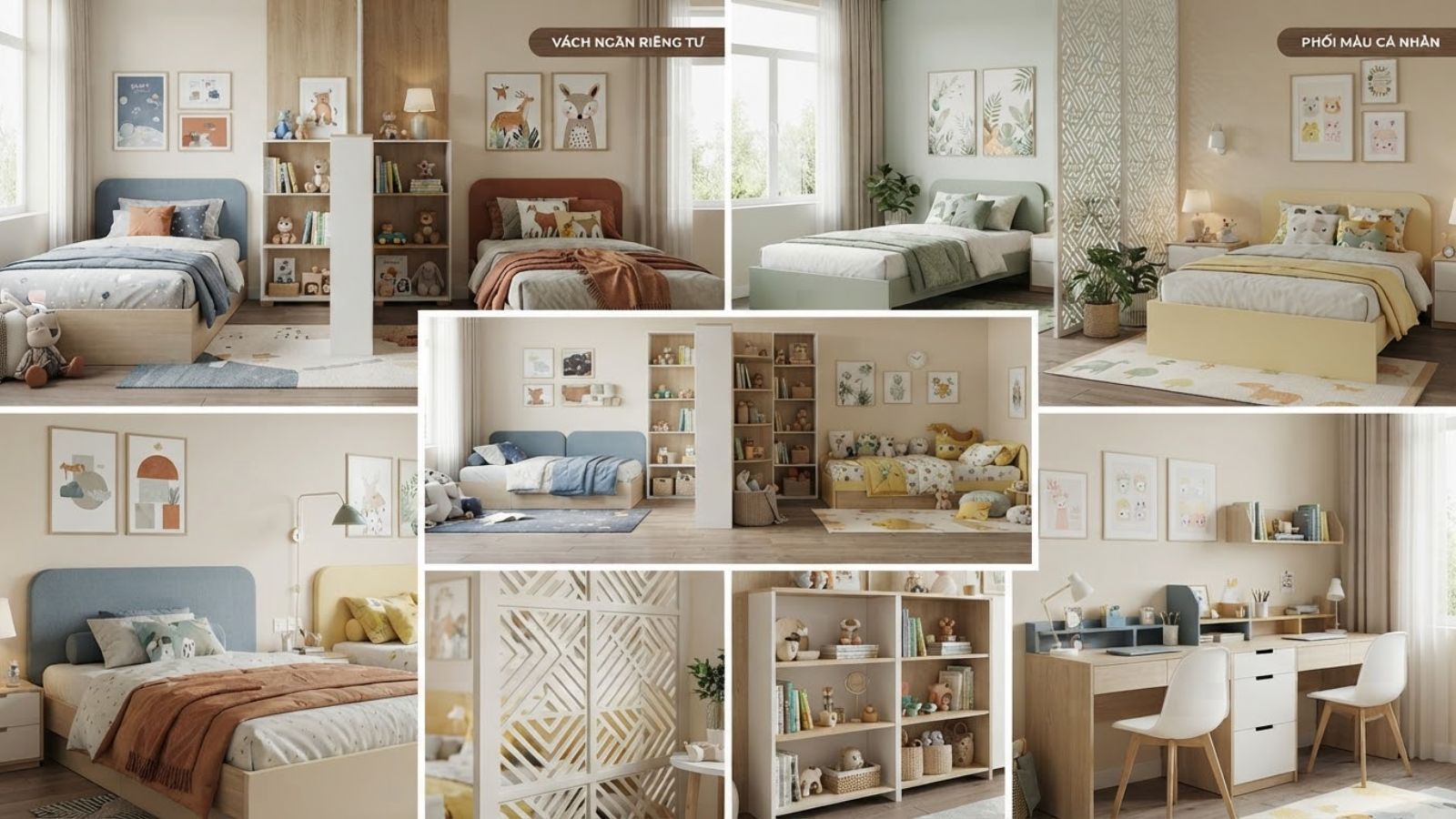 Phối màu theo sở thích và sử dụng vách ngăn thông minh giúp mỗi bé có góc riêng mà phòng ngủ chung vẫn thông thoáng, hài hòa