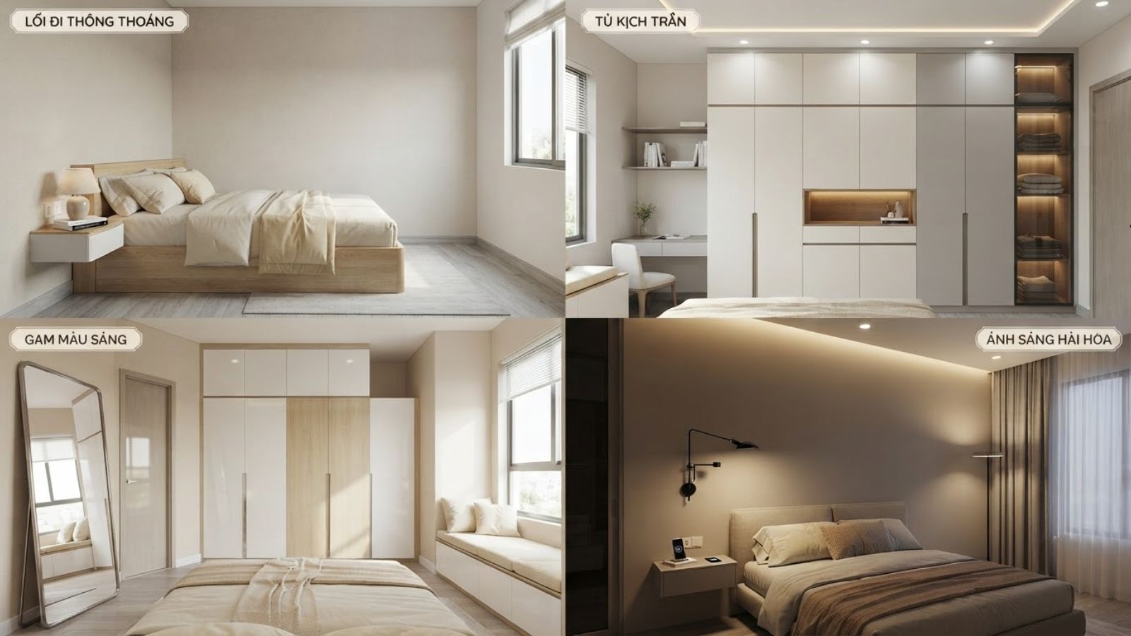 Tối ưu lối đi, tận dụng chiều cao tường và phối hợp màu sắc, ánh sáng hợp lý giúp phòng ngủ nhỏ thông thoáng, tiện nghi hơn