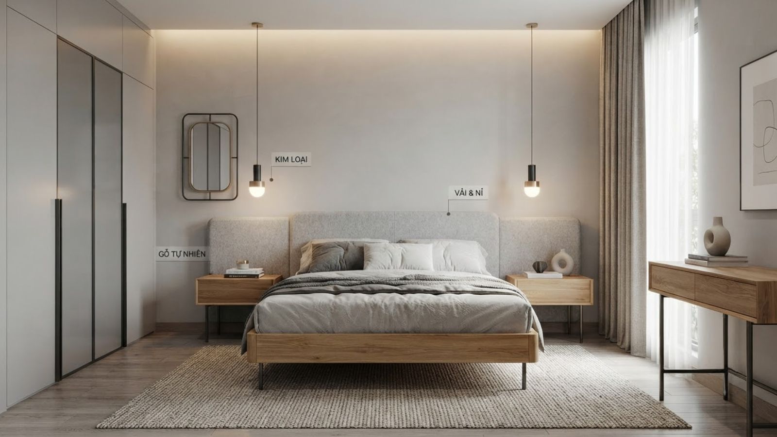 Gỗ tự nhiên, kim loại và vải nỉ giúp cân bằng sắc xám, tạo nên phòng ngủ hiện đại, ấm cúng và tinh tế