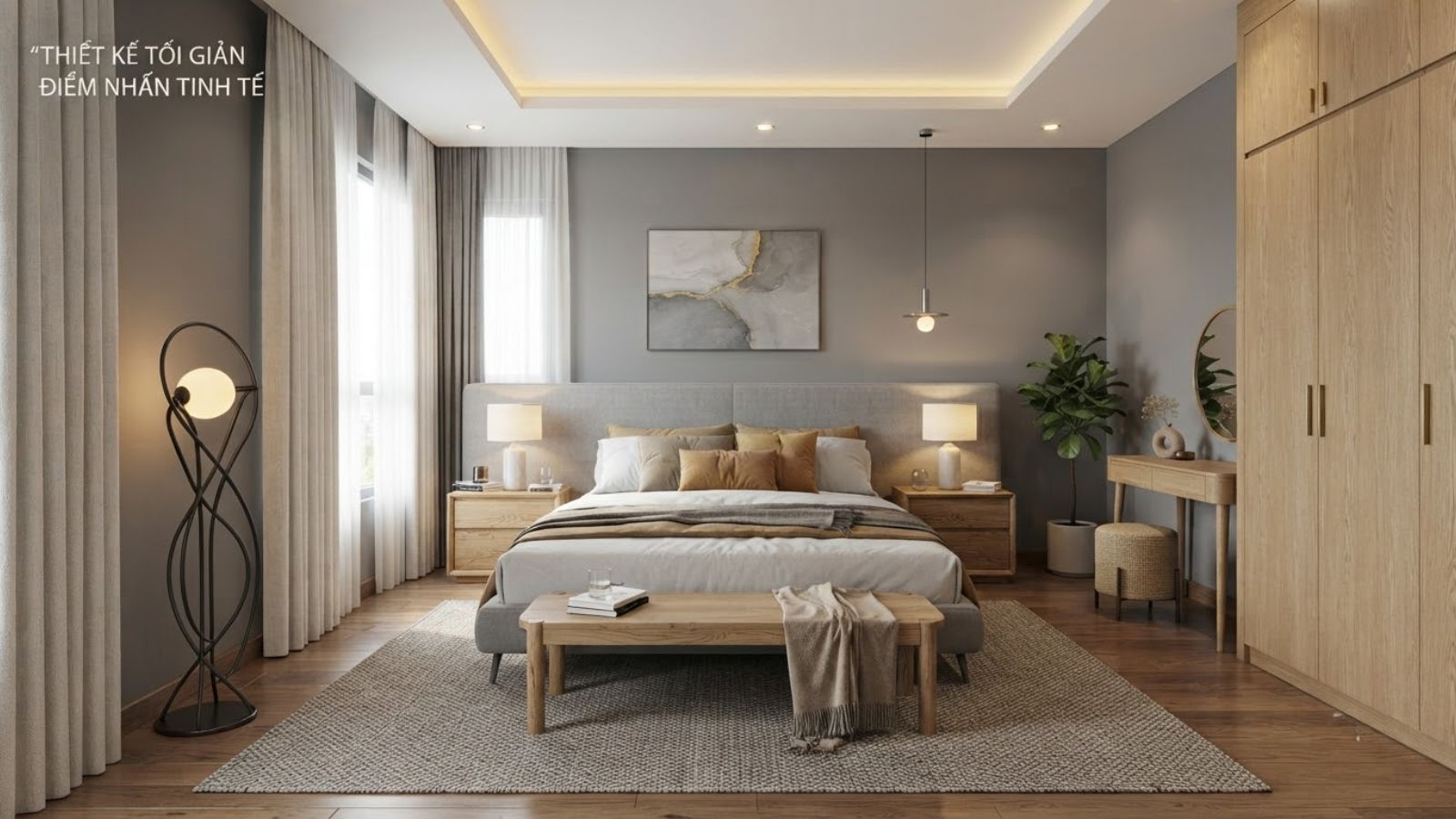 Ưu tiên nội thất thanh mảnh, kết hợp chất liệu tương phản và điểm nhấn trang trí tinh tế để phòng ngủ màu xám thêm thoáng đãng, sang trọng