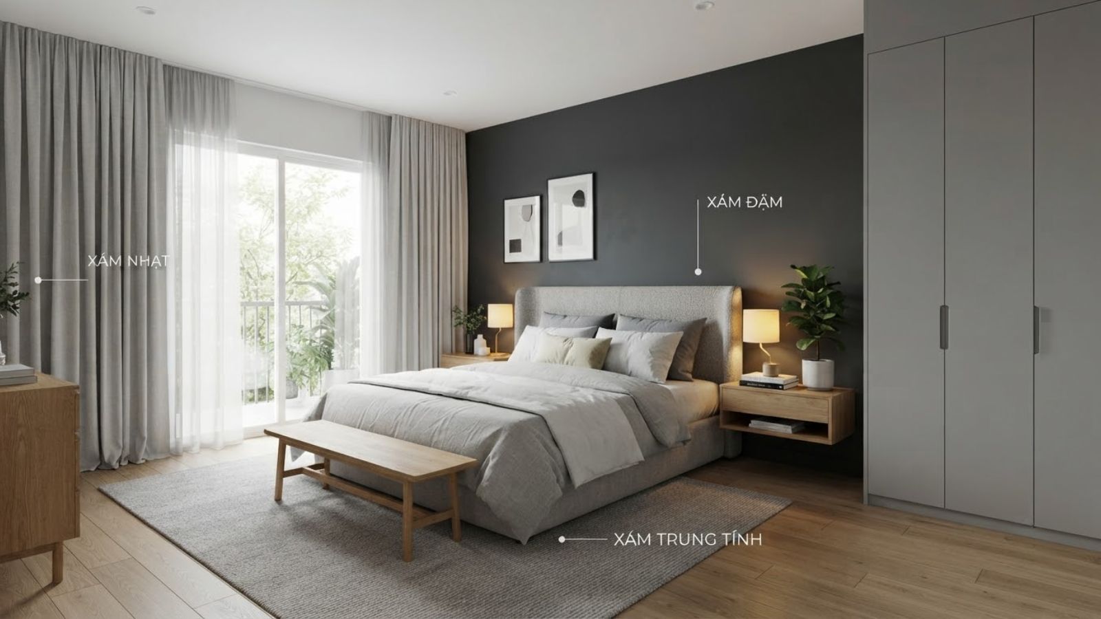 Kết hợp xám nhạt để tạo độ thoáng, xám trung tính để cân bằng và xám đậm để tạo điểm nhấn giúp phòng ngủ có chiều sâu, hài hòa hơn