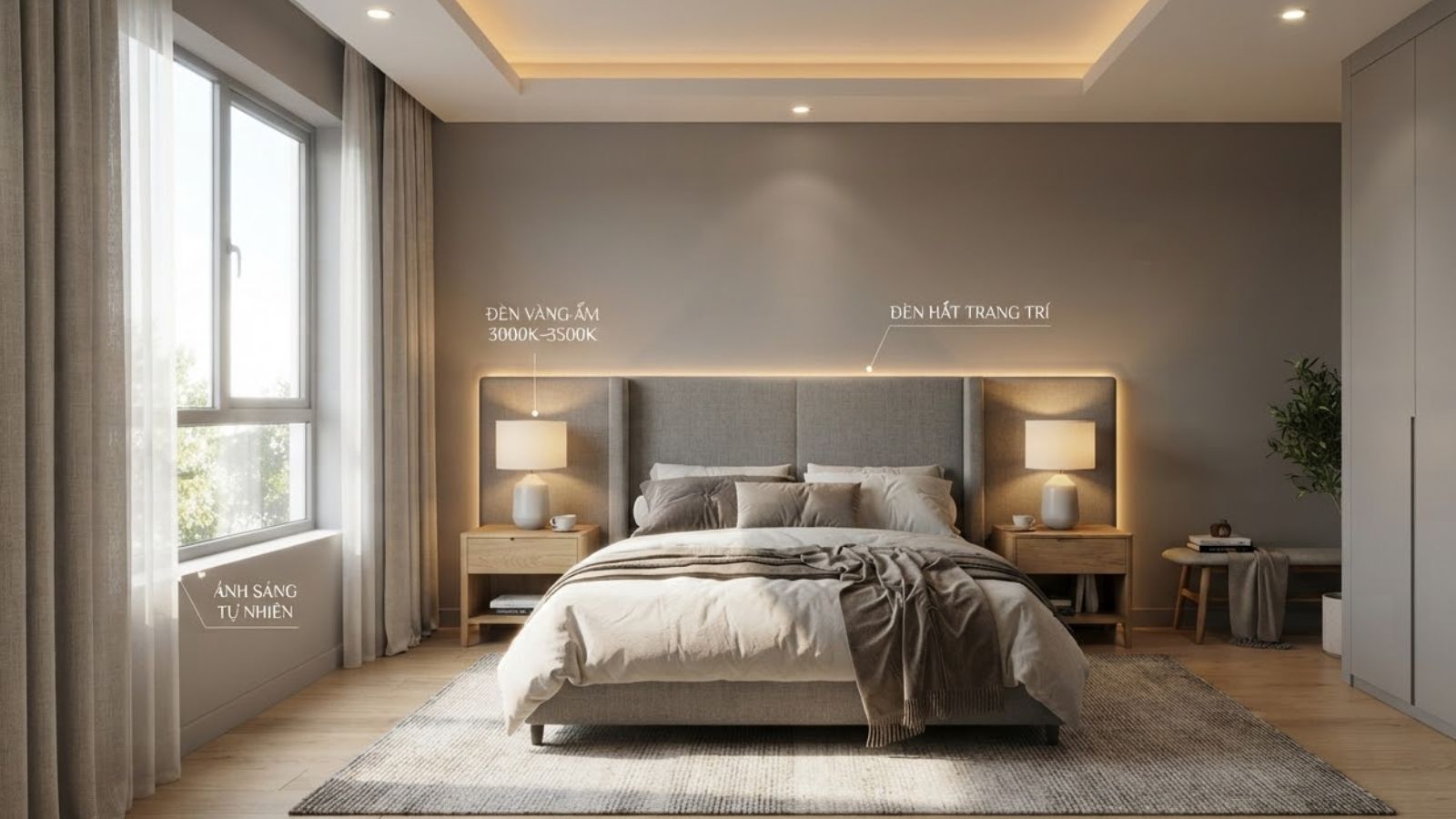 Kết hợp ánh sáng tự nhiên với đèn vàng ấm và đèn hắt giúp phòng ngủ màu xám sáng rõ, ấm cúng và tôn lên vẻ đẹp của vật liệu nội thất