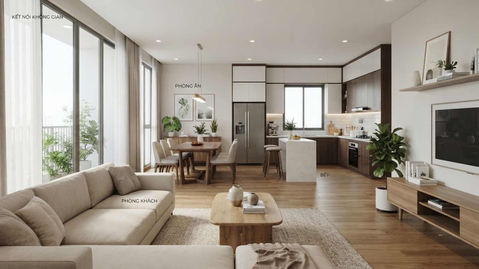 Thiết kế không gian mở loại bỏ vách ngăn cố định giữa phòng khách, bếp và phòng ăn, giúp ánh sáng lưu thông tốt hơn, mở rộng cảm giác diện tích và tăng sự kết nối giữa các thành viên gia đình