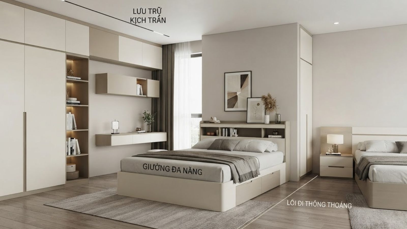 Tận dụng chiều cao, lựa chọn giường đa năng và bố trí lối đi hợp lý giúp phòng ngủ gọn gàng, tiện nghi hơn
