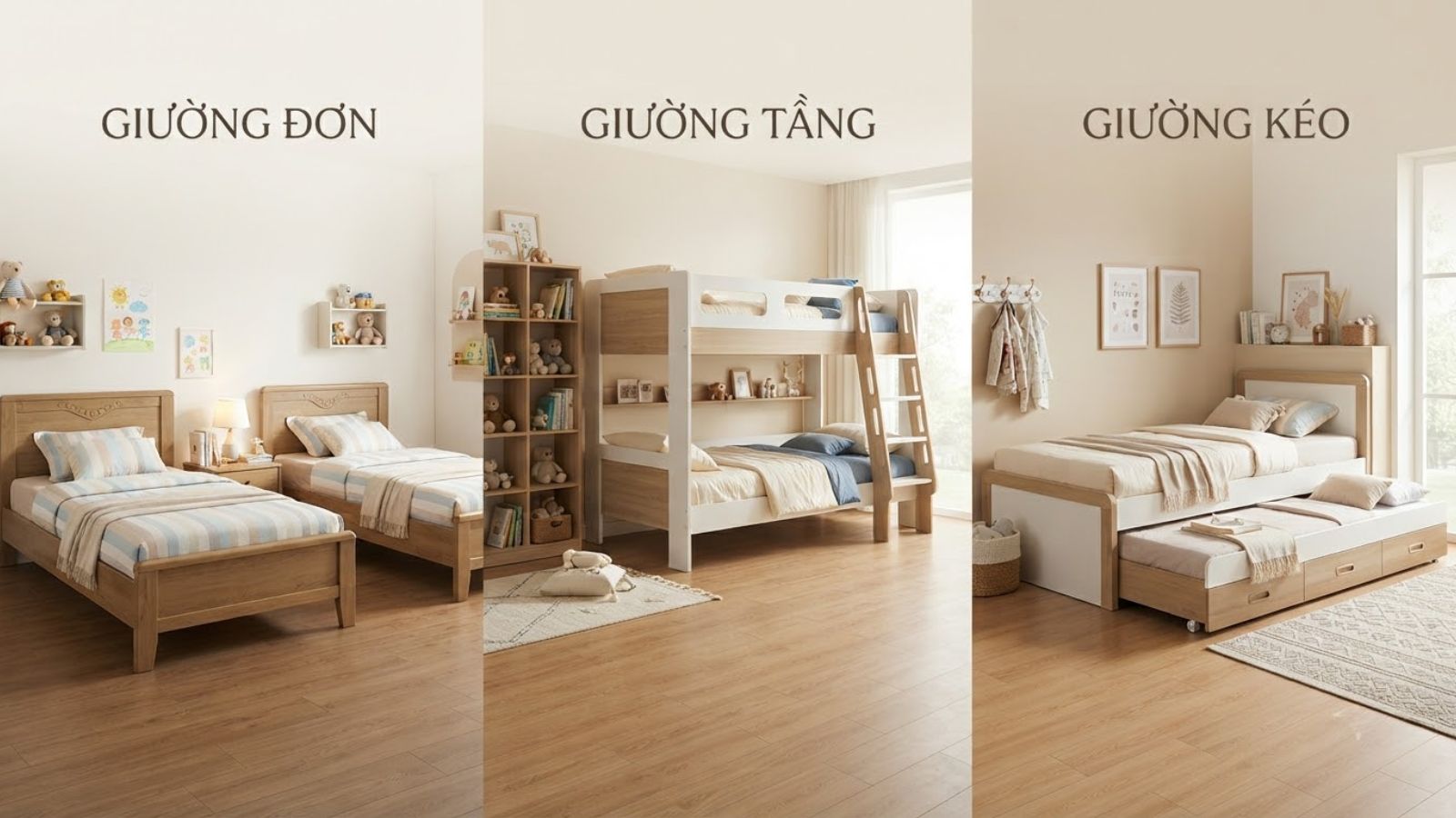 BST giường ngủ cho 2 bé gồm giường đơn tách biệt, giường tầng và giường kéo thông minh