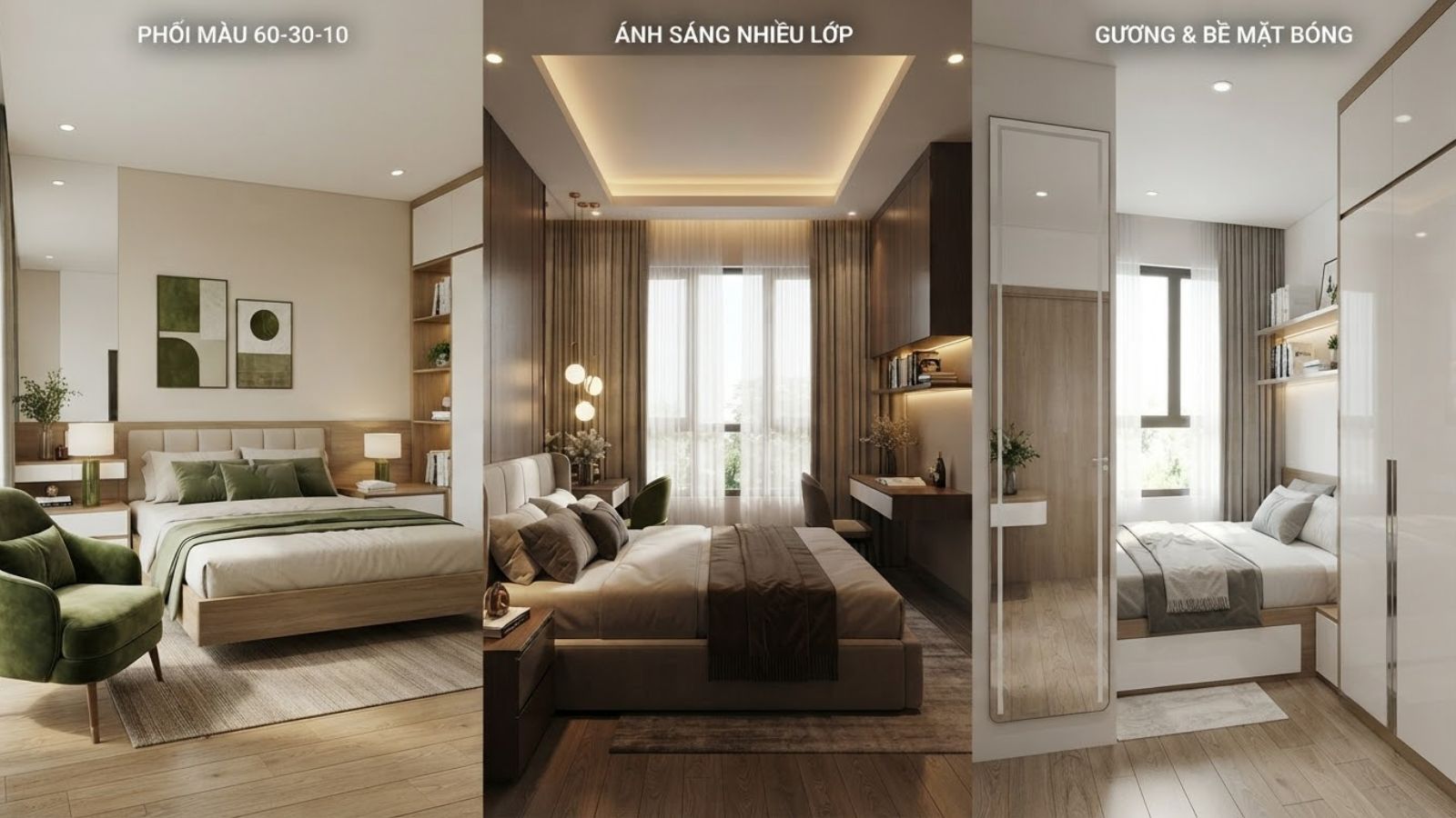 Phối màu hài hòa, kết hợp ánh sáng nhiều lớp và bề mặt phản chiếu giúp phòng ngủ sáng thoáng, có chiều sâu hơn.