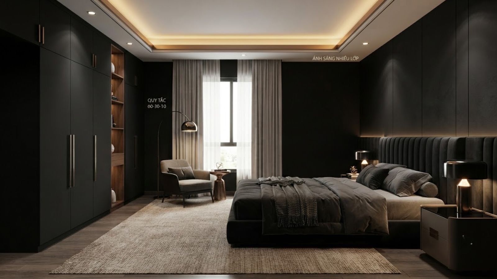 Phối màu 60-30-10 giúp phòng ngủ màu đen cân bằng và sang trọng, trong khi hệ thống ánh sáng nhiều lớp tạo chiều sâu và cảm giác ấm áp