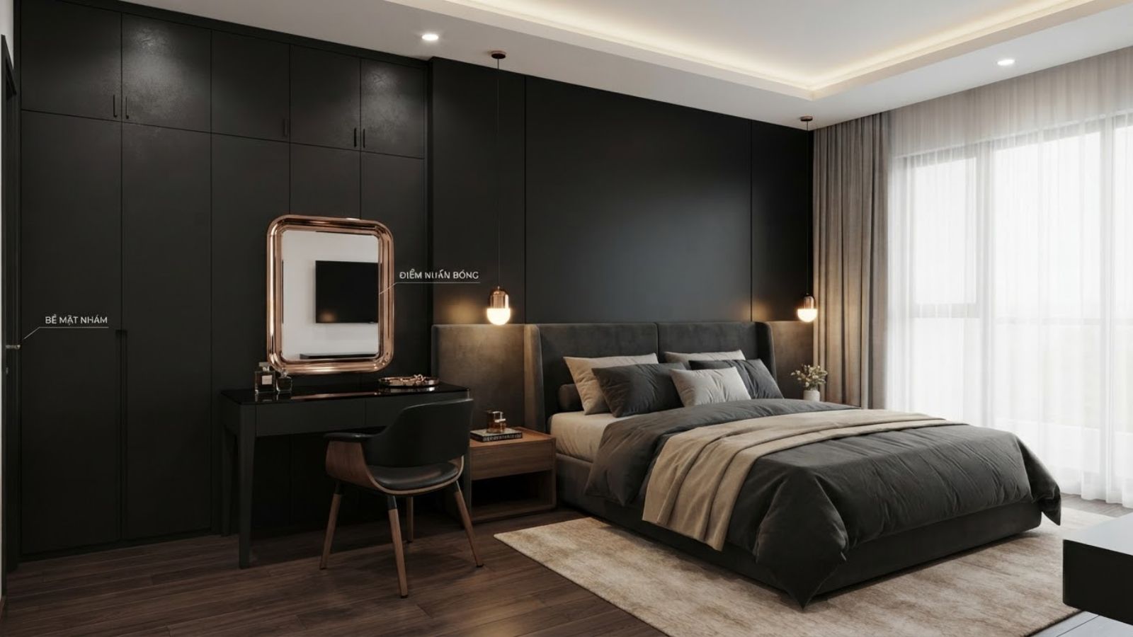 Kết hợp bề mặt nhám và bóng giúp phòng ngủ màu đen có chiều sâu, hạn chế cảm giác đơn điệu và tăng vẻ sang trọng
