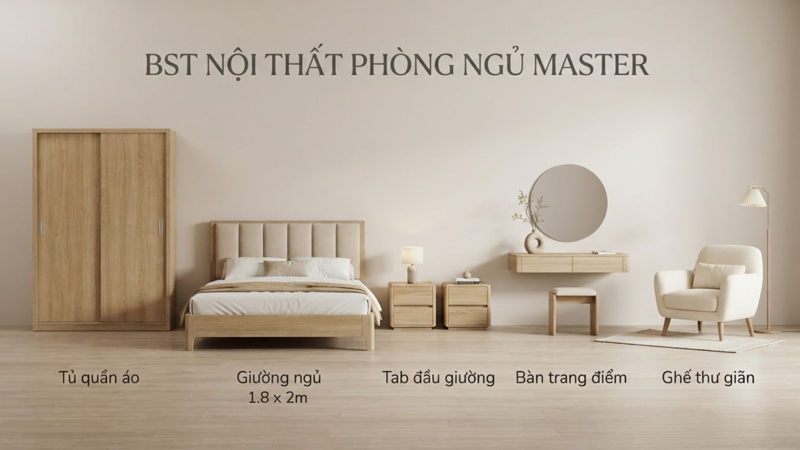 Lựa chọn nội thất có kích thước phù hợp và thiết kế đồng bộ giúp phòng ngủ master 25m² tiện nghi, gọn gàng và hài hòa hơn.